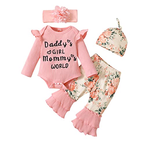 Image of GRNSHTS Newborn Baby Girl Ruffle Long Sleeve Romper Letter Print Outfits+Flared Pants Suit+Hat+Headband Clothes Set
