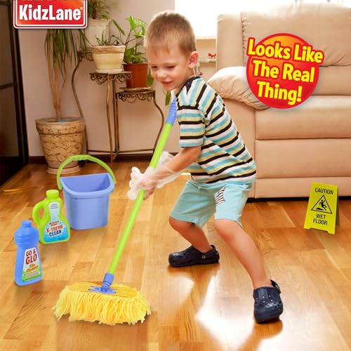 Kidzlane Kids Cleaning Toy Set - Toddler Cleaning Set with Realistic Broom, Mop, and Dustpan with Wet Floor Sign and Cleaning Tools - Kids Broom Set for Ages 3 and Up - Fun Playtime for Boys and Girls - Thumbnail 2