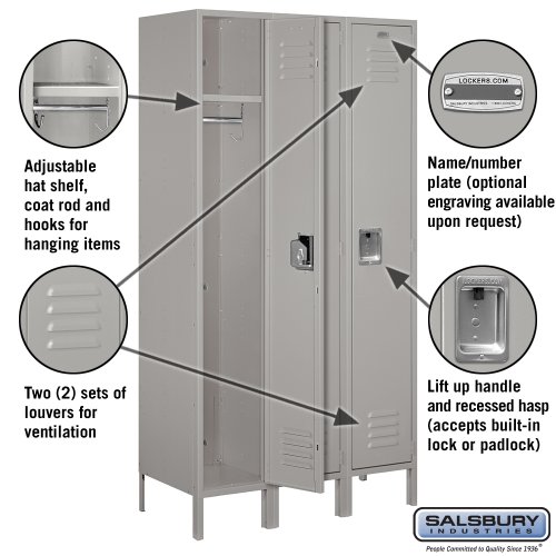 Salsbury Industries 51368Gy-U Extra Wide Standard Metal Locker Single Tier 3 Wide 6 Feet High 18-Inch Deep Gray Unassembled Gray #TOP1