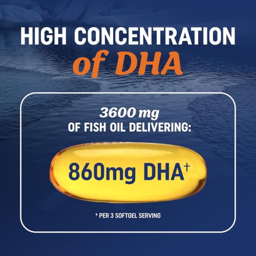 Image of Triple Strength DHA Omega-3 Fish Oil 3600 mg | Over 2100mg Omega-3 Fatty Acids with 860 mg of DHA | 1300mg EPA | Best Essential Fatty Acids | Premium Wild Caught & Burpless Fish Oil | 120 Softgels