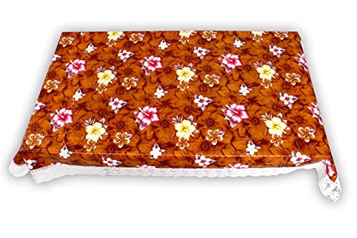 Image of The Furnishing Tree Waterproof PVC Rectangle Shaped 2 Seater Table Cover WxL 45x70 inches Floral Pattern Orange with White Border lace