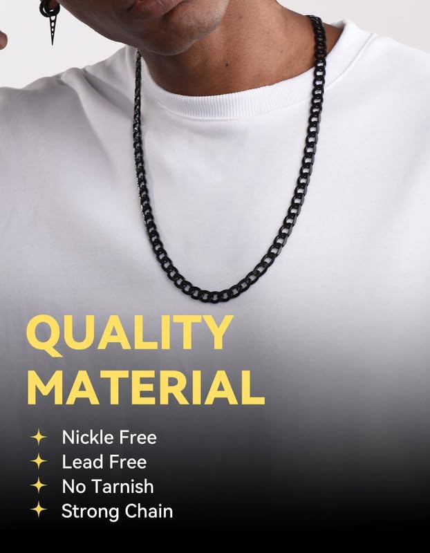 ChainsHouse Stainless Steel Cuban Link Chain Necklace for Men Women, Black/14K Gold Plated Flat Cuban Chain, 4mm/6mm/9mm/13mm Width Hip Hop Jewelry Mens Cuban Chain, 14"-30" Length-with Gift Box - Image 2