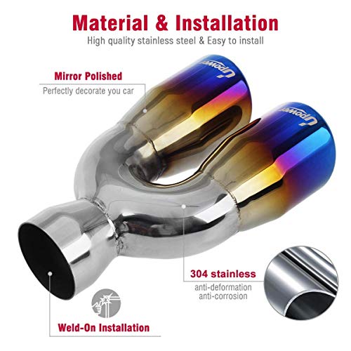 Upower Dual Exhaust Tip 2.5 Inch Inlet 3 Inch Outlet 9.5" Length Exhaust Resonated Tips 2 1/2" To 3" Tailpipe Vacuum Plating Blue 304 Polished Stainless 1.2Mm Thickness Rolled Edge #TOP4