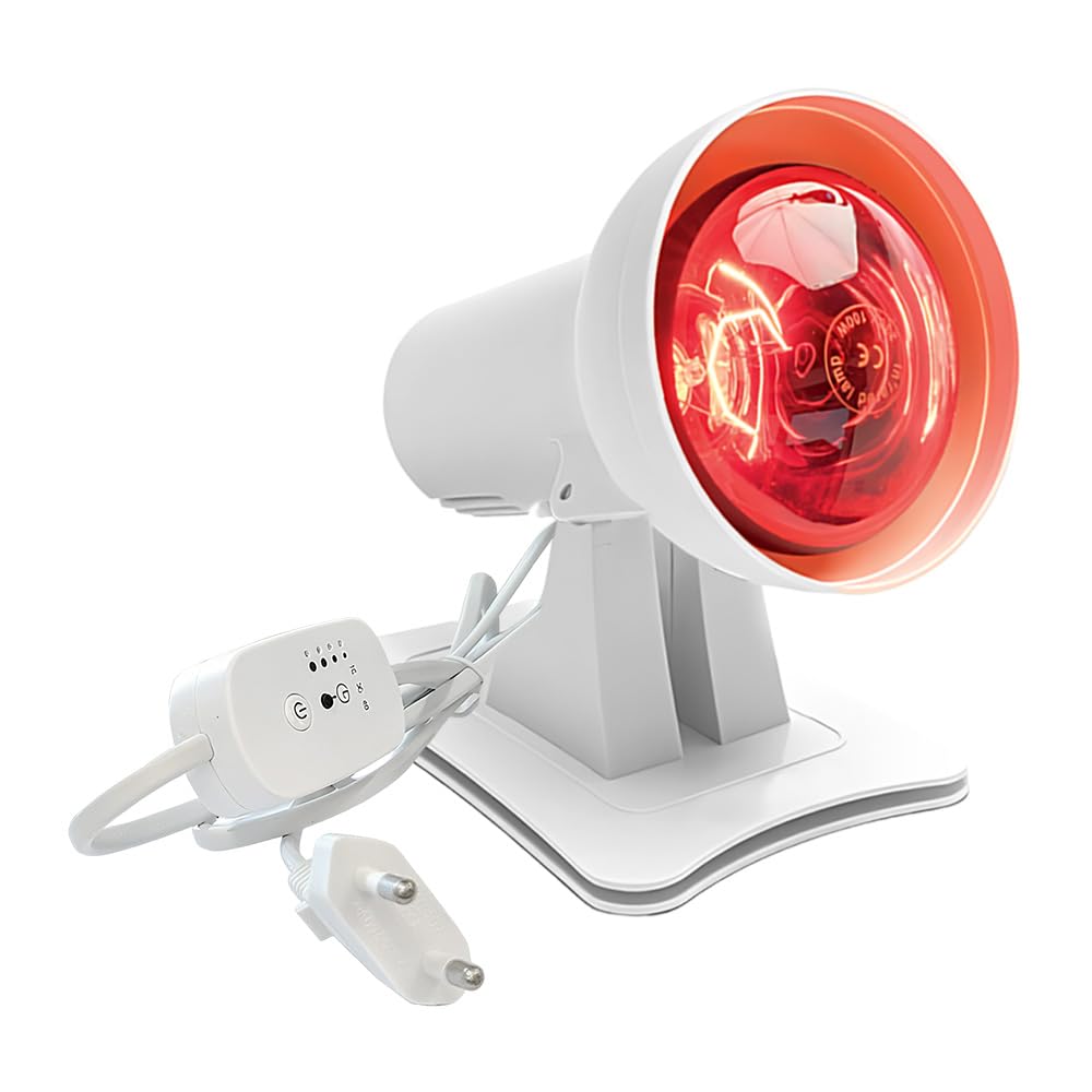 Rotlichtlampe 150W, Infrarotlampe mit 4 Temperaturstufen & 3 Timer, Einstellbarer Winkel Rotlichtlampe Wärmelampe für Gesicht & Körper Entspannende Muskelermüdung