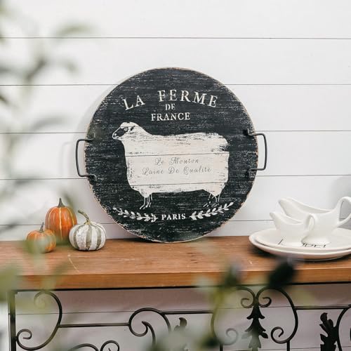 Farmhouse-Wooden-Serving-Tray-with-Handles-18-French-Farm-Sheep-Round-Rustic-Tray-Wooden-Black-Serving-Tray-for-Ottoman-Home-Kitchen-Coffee-Table-Decor Farmhouse Wooden Serving Tray with Handles 18 French Farm Sheep Round Rustic Tray Wooden Black Serving Tray for Ottoman Home Kitchen Coffee Table Decor