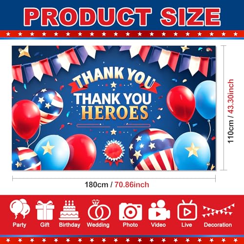 Image of BlissYard Thank You Heroes Banner 4th of July Decorations 71 x 43 Inch Independence Day Party Decorations Banner Outdoor Memorial Day Decor Heroes Theme Party Supplies Veterans Day Photography Sign