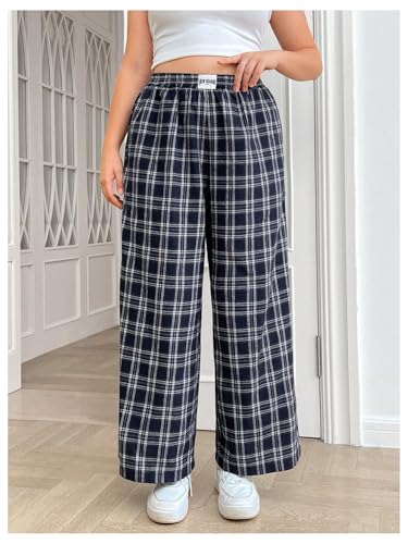 MakeMeChic Women's Plus Size Gingham Plaid Elastic High Waist Wide Leg Pocket Baggy Loose Y2K Trousers Pants Loungewear4