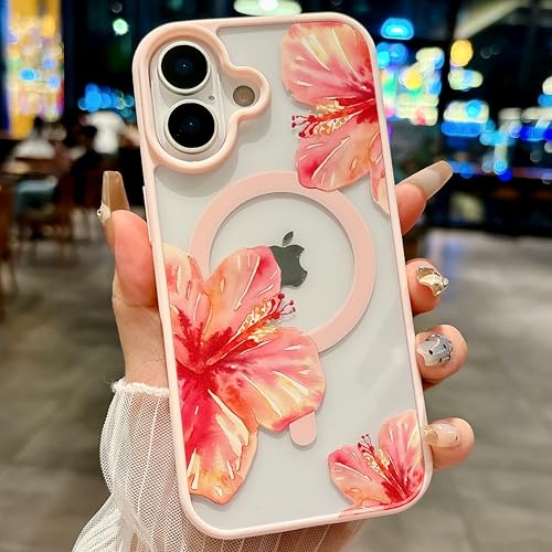 HYUEKOKO Magnetic for iPhone 17 Case [Compatible with MagSafe] Cute Trendy Hibiscus Flower Pattern Design for Summer Hawaiian, Translucent Shockproof Protective Case for Girls Women-Pink