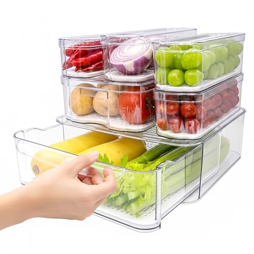 6 Pack Refrigerator Organizers, Clear Pull-out Drawer Container and Organizer Bins with Lids, Stackable Storage Containe - Detailed View