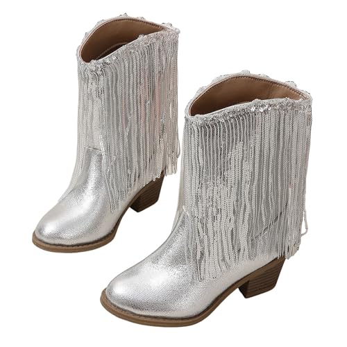 Girls Cowgirl Boots with Tassel Kids Sparkly Leather Western Cowboy Boots Mid Calf Sequins Riding Shoes Casual Boot2