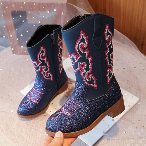 Cowgirl Boots for Girls Child Mid Calf Glitter Cowboy Boot Little Big Kids Western Riding Shoes Western Square Toe Girls Sparkle Boots Zipper Low Heel3
