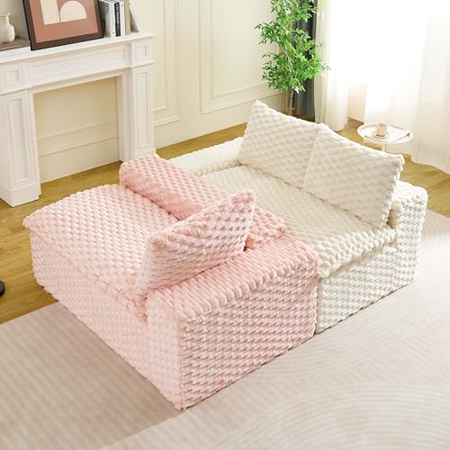 Image of KEIKI 120 inch Modular Boneless Couch Full Chaise for Living Room, 4-Seater Sectional Couches for Living Room Furniture, Deep Seat Oversized Cloud Sofa for Home Office Furniture Pet Friendly, Pink White