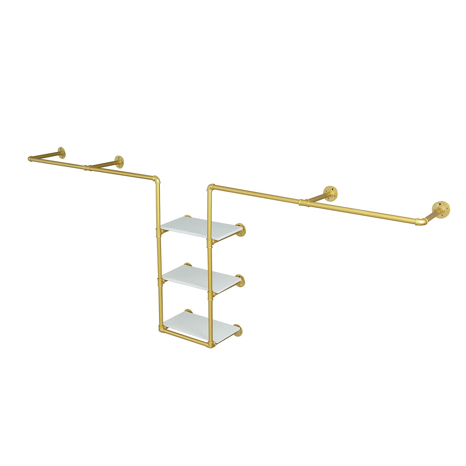 Industrial Pipe Clothing Rack Wall Mounted Garment Hanging Bar Retail Display Rack with 3 Tiers Wood Vintage Multi-Purpose Clothes Storage Hanger(Glod, 110'' L)