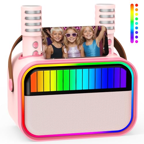 VERKB Karaoke Machine for Kids, Kids Toys for 3-12 Years Old Girls Birthday Presents, Portable Bluetooth Karaoke Speaker with 2 Microphones, Girls Gifts for Kid Party Christmas Birthday(Pink)
