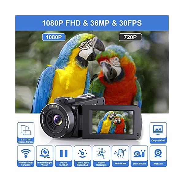 Aepannay Videokamera WLAN Camcorder, Vlogging Kamera mit FHD 1080p 30FPS 36MP für YouTube IR Nachtsicht 16X Digitaler… – Bild 4