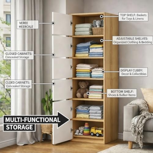 Image of EXVITO Premium Wooden Collapsible Wardrobe with 6 Doors & 6 Spacious Shelves | Modern Foldable Almirah for Clothes, Blankets & Storage - Sun Protection with Anti-Slip Handle - Maple