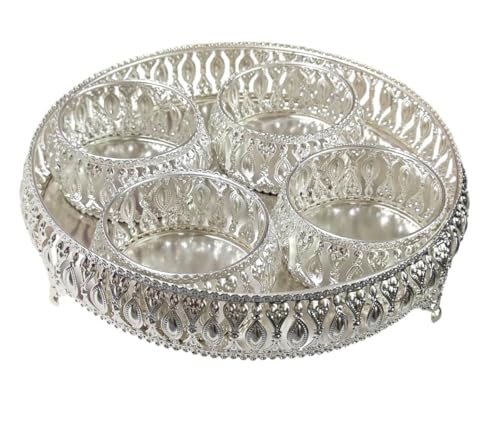 Image of Trend Overseas German Silver Round 4 Bowl Set with Lid & Tray | Crystal Knob Dry Fruit & Sweet Server | Elegant Home Decor, Festive & Wedding Return Gift