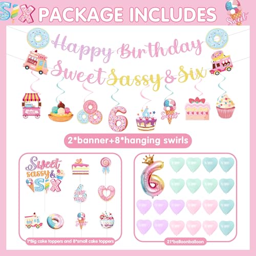 Image of 6th Birthday Party Decorations - 40 Pcs Donut Sweet Sassys and 6 Hanging Swirls Decor Set for Girl Six Years Old Doughnut Banner Supplies Candy Dessert Insert Cake Toppers Balloons Backdrop