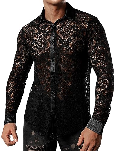 JOGAL Men's See Through Flower Lace Sheer Blouse Long Sleeve Button Down Shirts