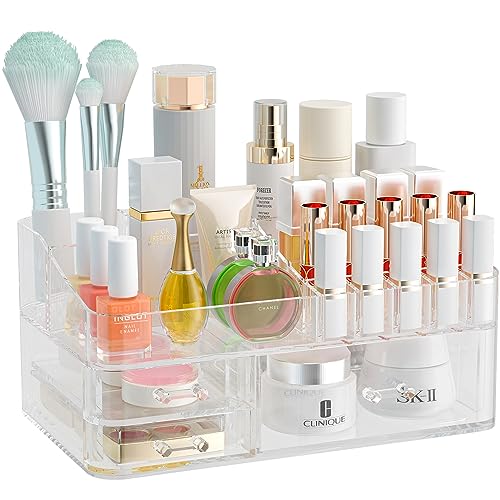 HEMTROY Clear Makeup Organizer for Vanity, Large Acrylic Bathroom Organizer Countertop with 3 Storage Drawers, Skin Care Organizer Storage Cosmetic,Nail Polish, Jewelry, Great for Stationery