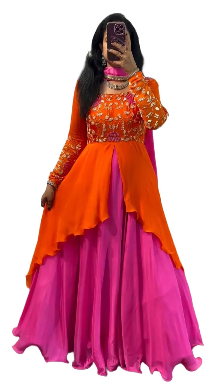 Women Fox Georgette Anarkali Gown with Dupatta | Embroidery Thread Sequins and Codding Work Ethnic Outfit | Fully Stitched-image-40