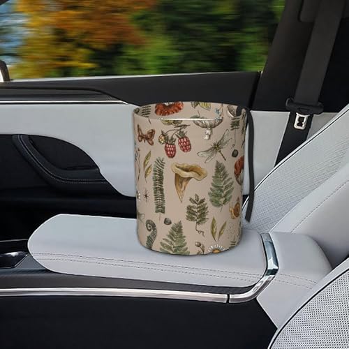 Image of Car Trash Bag Vintage Mushroom Forest Plants Waterproof Trash Small Car Can Portable Collapsible Car Garbage Can Hanging for Back Seat Floor or Hanging Headrest Car Decor Road Trip Essentials