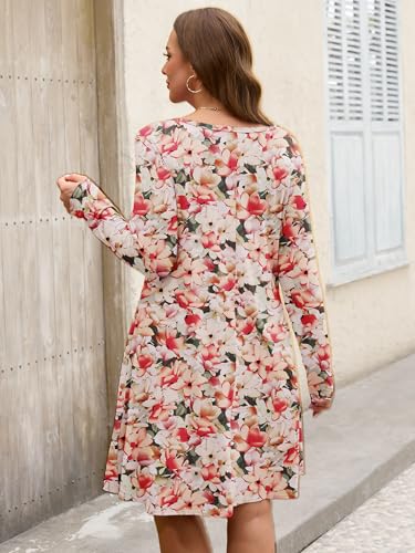 Image of AusLook Women's Plus Midi Dress Long Sleeve Crew Neck A-Line Swing Flowy Vacation Fall Wedding Guest Dresses with Pocket 1-5X