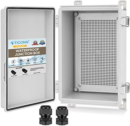 TICONN Waterproof Electrical Junction Box IP67 ABS Plastic Enclosure with Hinged Cover with Mounting Plate, Wall Brackets, Cable Glands (Off-White, 11"x7.5"x5.5")