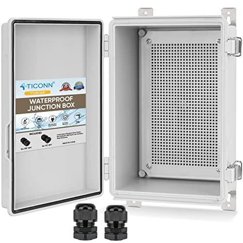 Ticonn Waterproof Electrical Junction Box Ip67 Abs Plastic Enclosure With Hinged Cover With Mounting Plate, Wall Brackets, Cable Glands (Off-White, 11"X7.5"X5.5") #TOP2