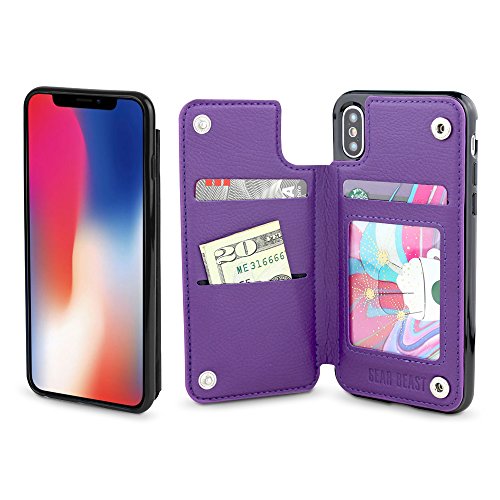 Gear Beast Lychee PU Leather Protective Top View Slim Wallet Case Fits iPhone Xs/X Includes Flip Folio Cover, with Three Card Slots Including Transparent ID Holder