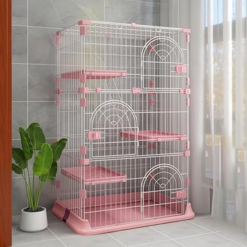 Qobvoeh 猫 ケージ 、キャットヴィラ、 3/4段、ペットケージ 、 折りたたみ キャットケージ ドア付き、組み立て簡単 、 コンパクト 、おしゃれ 、多頭飼い 、頑丈 、家庭や店舗での使用 (ピンク,4層 84×61×163.5cm)