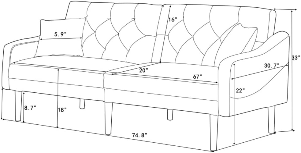 Armrest, Tufted Backrest and Tapered Solid Rubberwood Leg Sofa Bed, Green