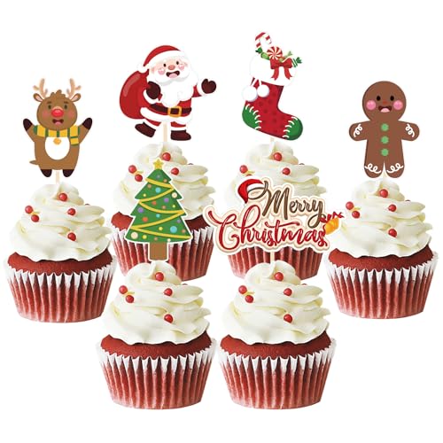 24 Pièces Jouyeux Noël Décoration Gâteau Cupcake Topper, Paillettes Décoration Gâteau Dessert pour La Fête de Noël (Père Noël)