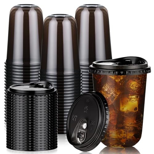 KesaPlan 50 Pack 16oz Black Plastic Cups with Lids Disposable Round Bottom Stemless Glasses with Sip Lids To Go Iced Coffee Drinking Cups for Halloween Party Wedding Catering Events