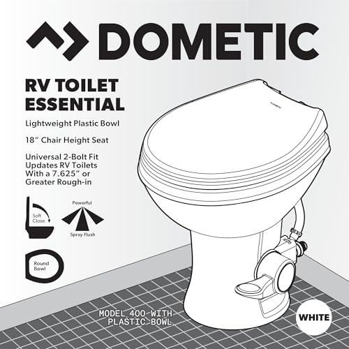Image of Dometic Model 400 Essential RV Toilet - Round Lightweight Plastic Bowl, Universal Fit & 2-Bolt Mount, 18 inch Chair Height Residential Style, Gravity Flush Toilet with Soft-Close Seat, Bone (9610008276)