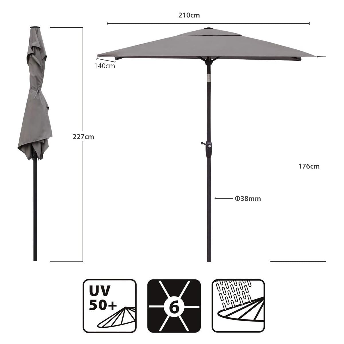 Sekey Parasol Aluminium Rectangulaire pour Balcon, Jardin & Terrasse - Protection UV 50+