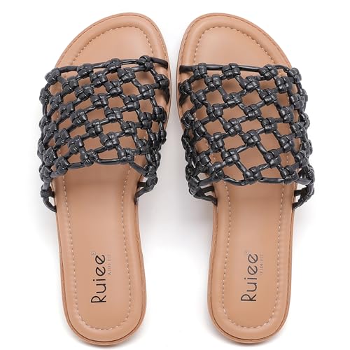Image of Ruiee Wide Width Flat Sandals for Women. | Wide Width Sandals, X-Wide Feet Slides, Summer Braided Flat Slides, Versatile, Fashion Comfort