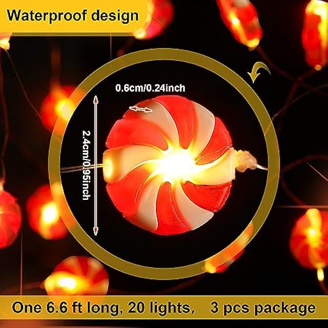Bencailor 3 Pack Christmas Peppermint Candy String Lights Christmas Tree Decorative Lights Lollipop String Lights Hanging Tree Yard Balcony Lights Waterproof for Xmas Tree Party Wedding(Red)