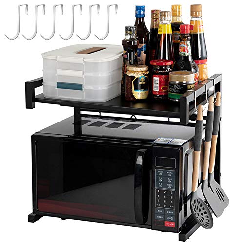 DoubleBlack Soporte Horno Organizador Microondas Estante para Microondas Encimera Extensible (43-65) x 36 x 42 cm Metal Negro con 6 Ganchos