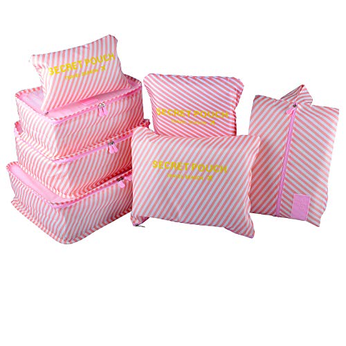 Maomaoyu Lot de 7 Pcs Sac de Rangement de Voyage Sacs de Toilette und Chaussures Antipoussière,Respirant,Imperméable Idéal pour Le Voyage Accueil (Stripe Rose)