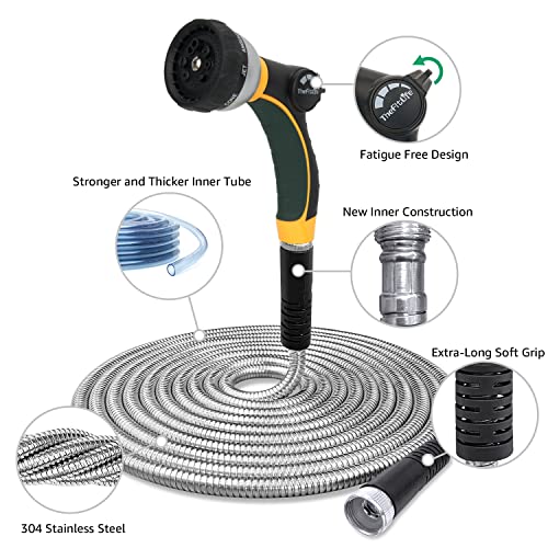 Thefitlife Flexible Metal Garden Hose - Upgrade Leak And Fray Resistant Design, Stainless Steel Water Hose With Solid Fittings And Sprayer Nozzle, Lightweight Kink Free Durable Easy Storage (100 Ft) #TOP2