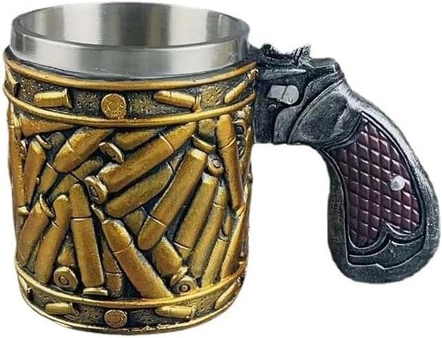 NZTGVR Taza de cerveza con diseño de bala de acero inoxidable, taza de cerveza con bala de pistola con mango en forma de pistola, taza de café, té,