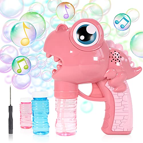 MADETEC Bubble Gun, Bubbles for Kids, Dinosaur Bubble Machine, Bubble Blower with 2 Bottles Bubble Solution, Bubble Maker for Birthday Parties, Weddings, Outdoor Activities, Kids Toys (Pink)