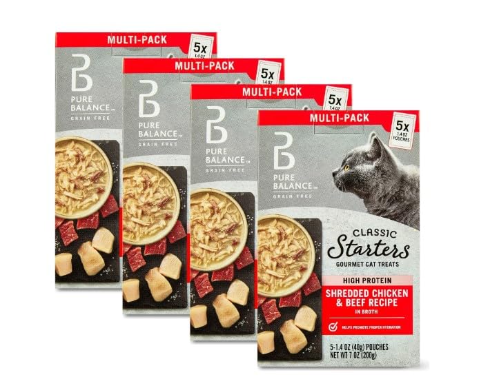 Pure Balance Classic Starters Gourmet Cat Treats, Shredded Chicken & Beef in Broth, High Protein, Soft Treats - 5 Pouches of 1.4 Oz Inside, Wet Cat