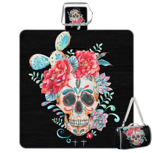 Shimoshe Picnic Blankets 57”x 59”, Cactus Flower Sugar Skull Waterproof Sandproof Picnic Mat Lightweight Foldable Beach Blanket for Camping Park Grass Beach Outdoor Blanket