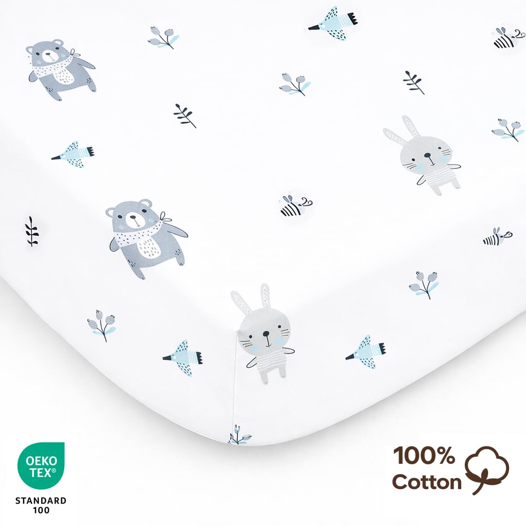 Lenzuolo con angoli, 50 x 89 cm (X2), 100% cotone, Oeko-Tex – 2 lenzuola compatibili con Babybay, morbido e traspirante (animali blu, 50 x 89 cm)