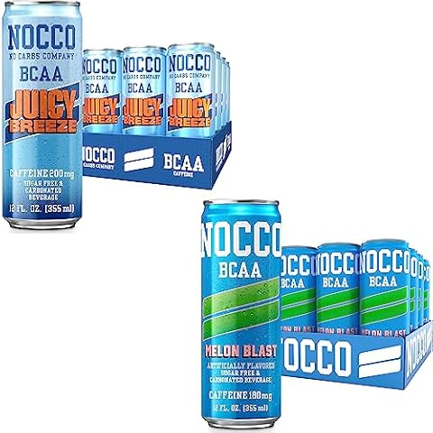NOCCO BCAA Energy Drink 24 Pack Juicy Breeze & Melon Blast - 12 Count (Pack of 24) - 180-200mg of Caffeine Sugar Free Energy Drinks - Carbonated, BCAAs, Vitamin B6, B12, & Biotin - Performance Drink Cover