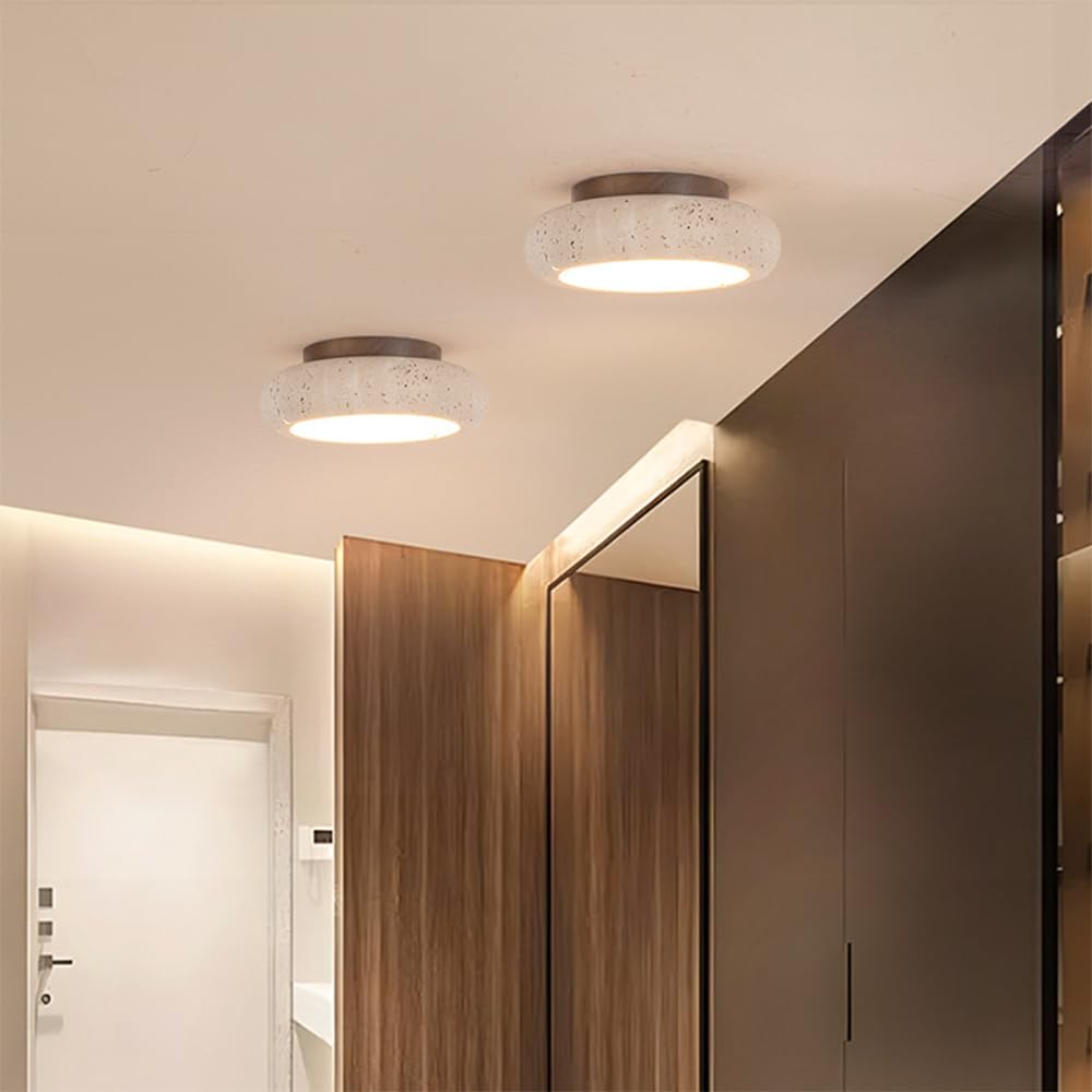 Sufitowa Led Do Korytarza, Żółta, Trawertynowa, 18 W, Oprawa Sufitowa Z Litego Drewna, Półpłaska, Do Montażu Na Werandzie I Alejce/3 Tryby Kolorów