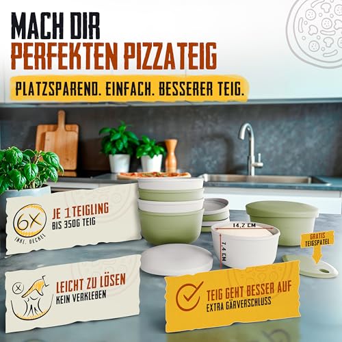 LOEWERK Pizzaballenbox mit Deckel, 6er Set - Teiglinge leicht entnehmen - platzsparende Silikon Teigbox - Pizzateig Box mit Deckel, Pizza Box, Pizza Ballenbox - Olive/Grau [inkl. Teigspatel]