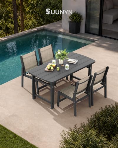 Image of HDPE Outdoor Patio Dining Set with Table & 4 Stackable Armless Textilene Chairs, All-Weather 5-Piece Patio Furniture Set with Umbrella Hole for Lawn & Garden, Poolside, Backyard | Grey